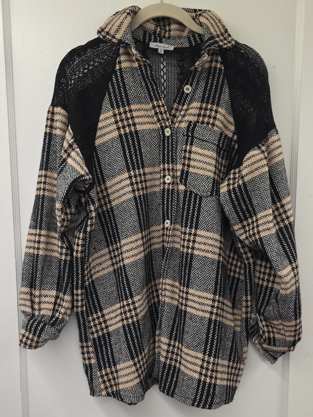 White Birch Plaid Lace Yoke Button Front Tunic Shacket Top Small